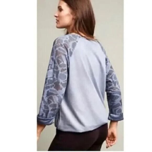 ANTHROPOLOGIE SATURDAY SUNDAY BLUE LASER CUT ROLLED SLEEVES PULLOVER TOP SZ XS - Picture 2 of 12
